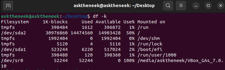 Check Disk Space Usage in Kilobytes running the df -k command
