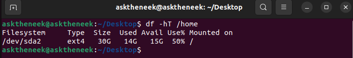 Checking disk space usage of home directory using the df -hT /home command
