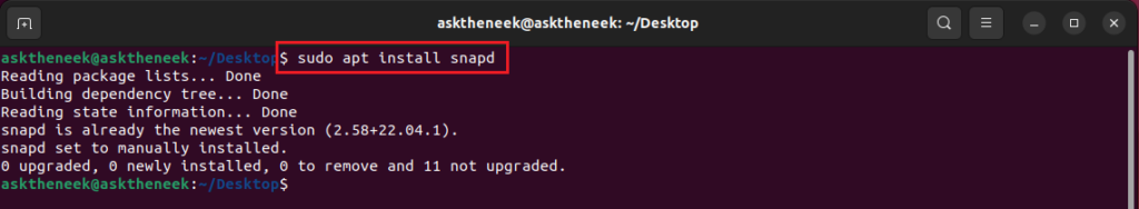 Update the apt cache and install snap on Ubuntu