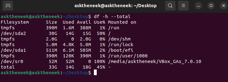 Sum up the Total Disk Space Usage using the df -h --total command